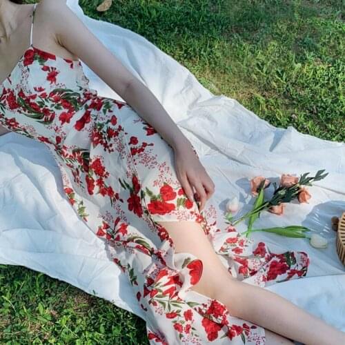 Summer Korean Design Mid-Length Sling Dress Vacation Print Floral Pattern Style Women Dresses Retro Casual Beach Split