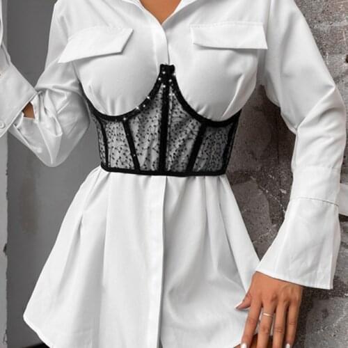 Women See Through Mesh Push Up Bustier Corset Boned Overbust Waist Cincher Wide Belt Waist Cincher Belt Waist Cincher