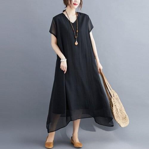Oversized Women Loose Casual Dress New Arrival 2021 Summer Simple Style Vintage V-neck Solid Color Female Long Dresses S2809