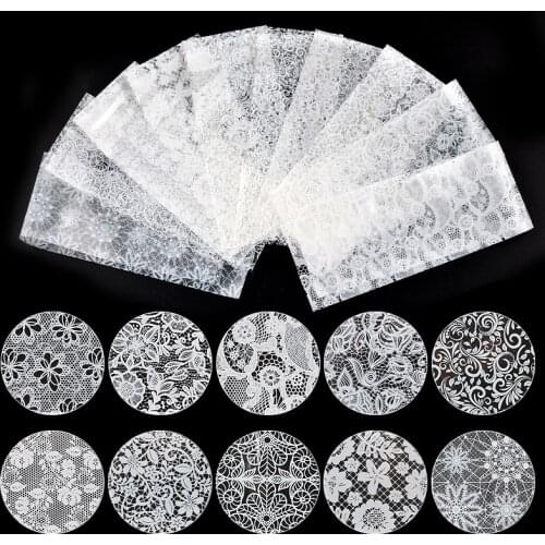 10PCS/Set 2 Colors Lace Nail Art Stickers Black White Decal Flower Mixed Styles Adhesive DIY Design Nail Art Patch Manicure Tool