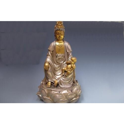 12"Tibet Pure Bronze 24K Gold Silver-Gilt largess Boy son Kwan-yin Buddha Statue