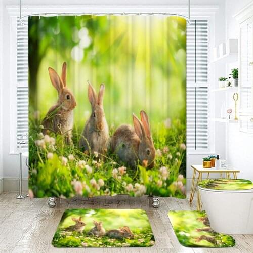 3D Waterproof Fabric Rabbit Shower Curtains with Hooks Bathroom Curtain Sets Rug Lid Toilet Cover Bath Mat Set Home Decoration