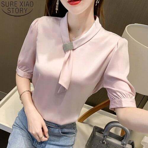 2021 New Summer Blouse Women Tops Short Sleeve Solid Fashion Lace-up Blouses Fashion Bow Blosue Office Lady Loose Blusas 13907