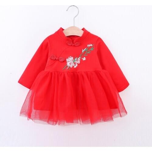 Chinese Style Baby Dress Embroidery Flower Newborn Princess Dresses 2020 New Long Sleeve Spring Fall Infant Girls Clothes