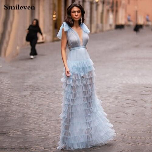 Smileven Sky Blue Princess Prom DressesTiered Puff Tulle Long Evening Dress Deep V Neck Prom Party Dresses Custom Made