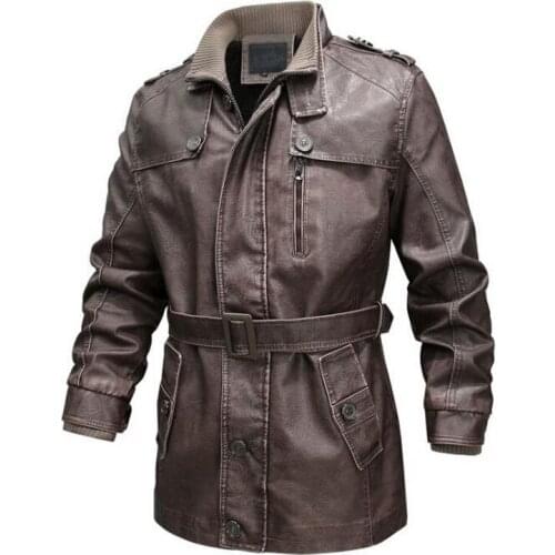 Long Trench Style Leather Jacket Fashion Winter Leather Jacket Men Outdoor Warm Faux Leather Outerwear