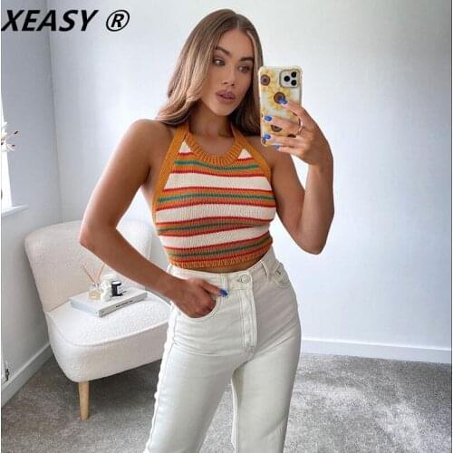 Klacwaya Women 2021 Fashion Summer Hedging Knitted Striped Halterneck Slim-Fit Halter Vest Vintage Sexy Backless Female Chic Top