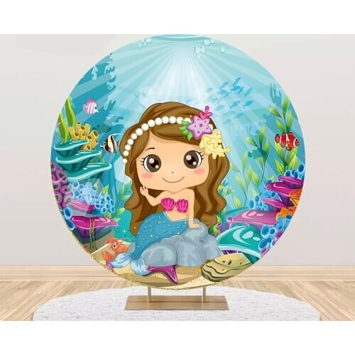 The little mermaid girl Round Backdrop circle background baby shower photo birthday Party banner table Cover plinth YY569