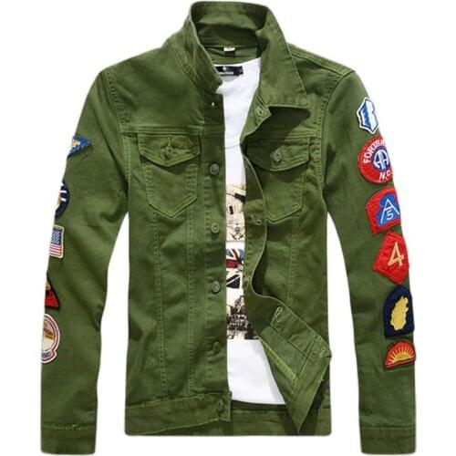Mens patch green denim jacket autumn tide new street print army fan Korean denim jacket outdoor slim long-sleeved jacket top