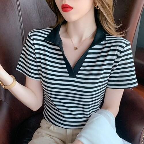 Fashion New stripe Stand collar Tops Women Casual stripe Short Sleeve Tees Summer V-neck Woman T-shirt all neon store clothes