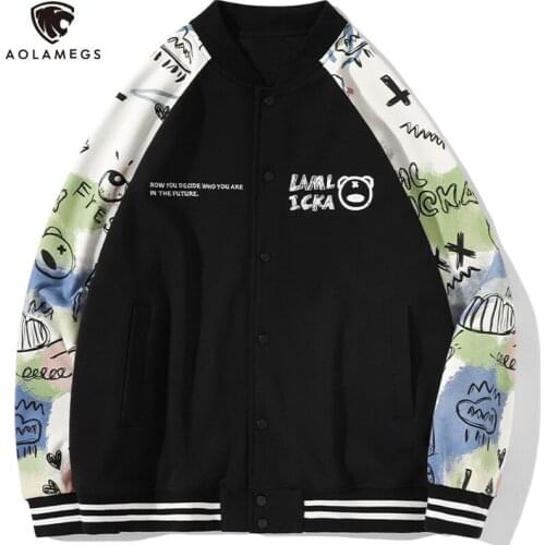 Aolamegs Hip Hop Baseball Jackets Men Patchwork Print Bomber Jacket Coat Unisex Loose Streetwear Harajuku Women Men Clothing