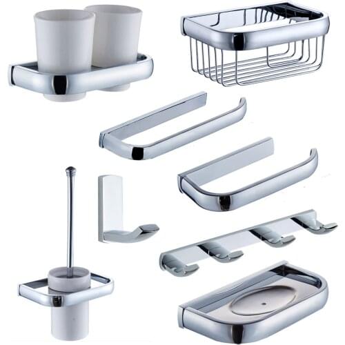 Chrome Bathroom Accessories Set Brass WC Paper Shelf Towel Coat Hook Toilet Brush Holder Ceramic Cup Holder Bathroom Hardware