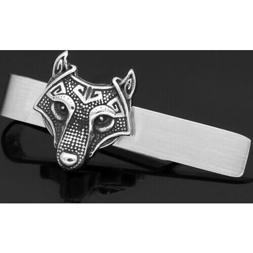 Stainless steel Nordic Viking Norse Small amulet rune Wolf Head Tie Clips with valknut gift bag
