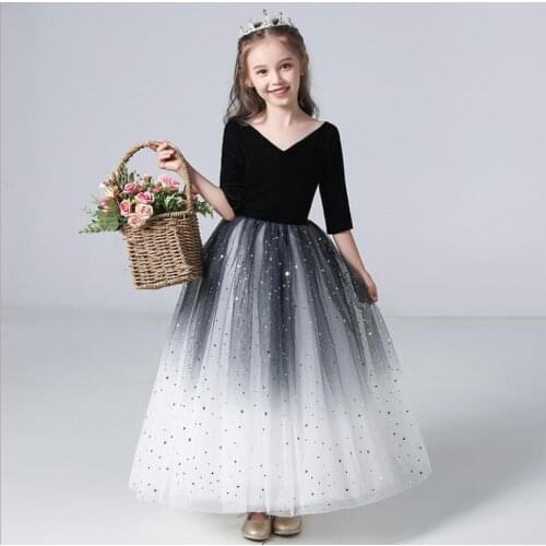 New Kids Dresses Girl Elegant Long Prom Black Embroidery Sequin Tulle Gowns for Wedding Children Graduation Performance Vestidos