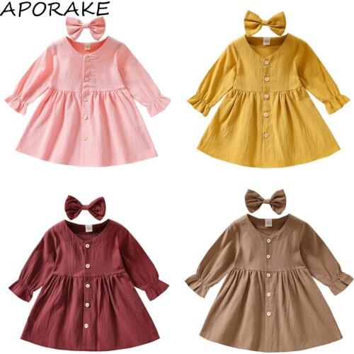 2021 0-4Y Casual Toddler Girls Dress Sweet Solid Color Button V Neck Flare Long Sleeve A-line Dress+Headband Spring Autumn 2pcs