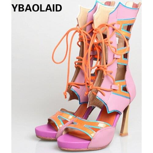 Open-toe Hollow Shallow Back Zipper High-top Sandals with Color Matching Cross Straps Ultra-high Stiletto Platform Sandals