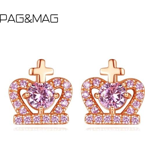 PAG&MAG Heart Crown Corss Zirconia Stud Earrings Real 925 Sterling Silver Earrings For Women Korean Gemstone Silver 925 Jewelry