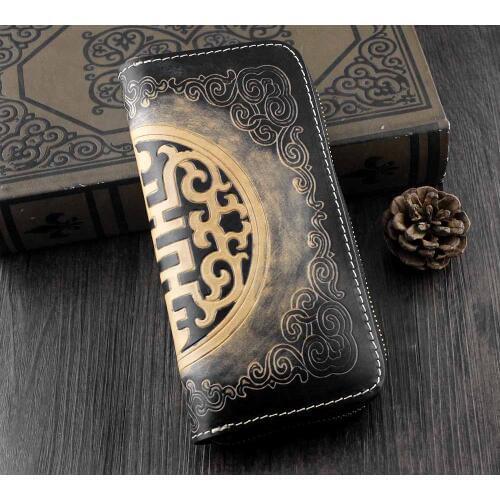 Vintage Handmade Tatto Zipper Genuine Leather Large Purse Wallet Purse