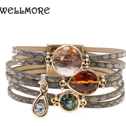 WELLMORE women bracelet glass leather bracelets bohemia charm bracelets for women fashion jewelry wholesale drop shipping