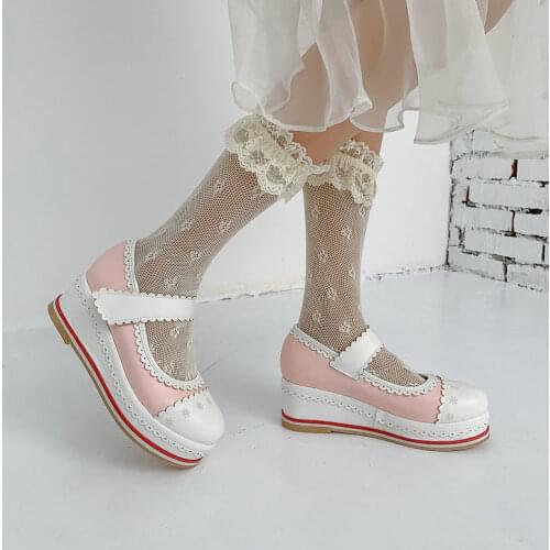 LDHZXC Brand New Female Lolita Cute Mary Janes Pumps Platform Wedges High Heels Womens Pumps Sweet Gothic Punk Shoes Woman