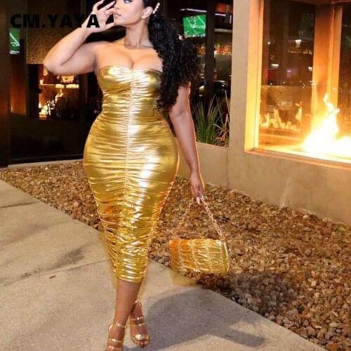 CM.YAYA Gold Bright Strapless Ruched Midi Dress for Sexy Club Night Party Bodycon Pencil Dresses