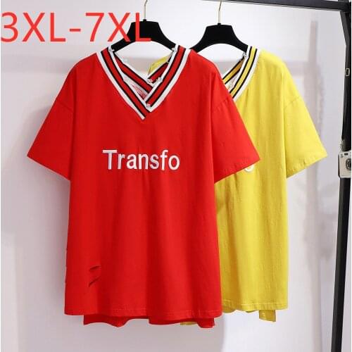 New 2021 Summer Plus Size Women Clothing Tops For Women Large Loose Short Sleeve Letter Cotton V Neck T-shirt Red Yellow 7XL