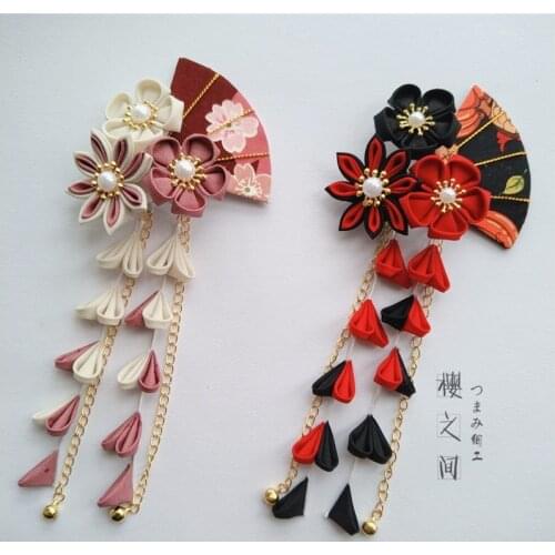 Japanese Hairpin Sakura Hair Clip Tsumami zaiku for Kimono Yukata Geisha Long Tassel Barrettes Handwork Hair Accessories Cosplay