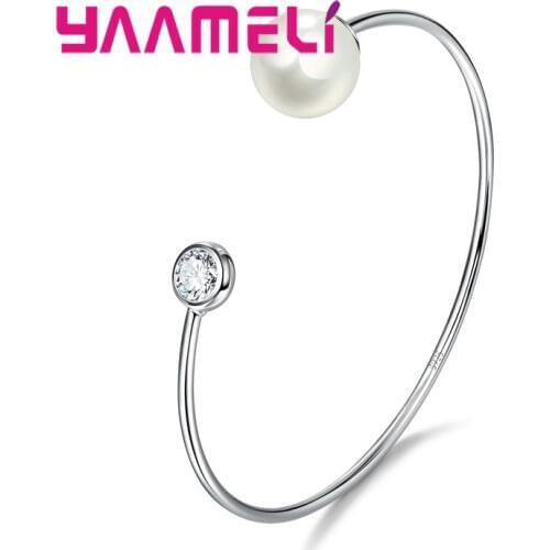Precious Fashion Bangle Bracelet With Freshwater Pearl Decoration Clear Crystal 925 Sterling Silver Jewelry For Woman