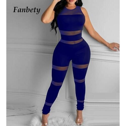 2021 Spring Sexy Hollow Out Mesh Patchwork Jumpsuit Women Elegant O-Neck Sleeveless Skinny Jumpsuits Lady Fashion Home Sleepwear