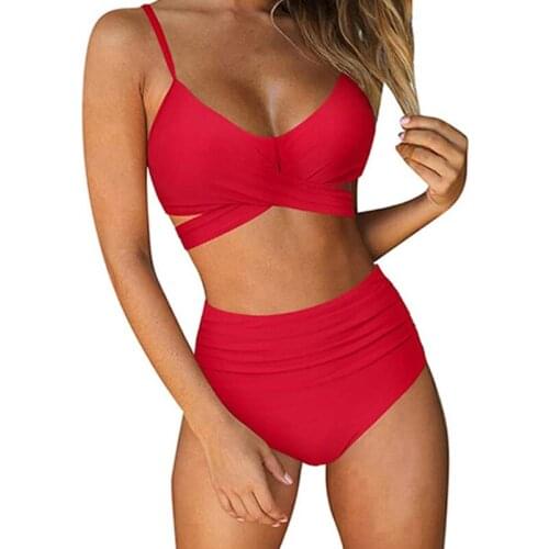 Women Criss Cross High Waisted Bikini String Floral Printed 2 Piece Bathing Suits High Cut String Swimsuits Solid Color