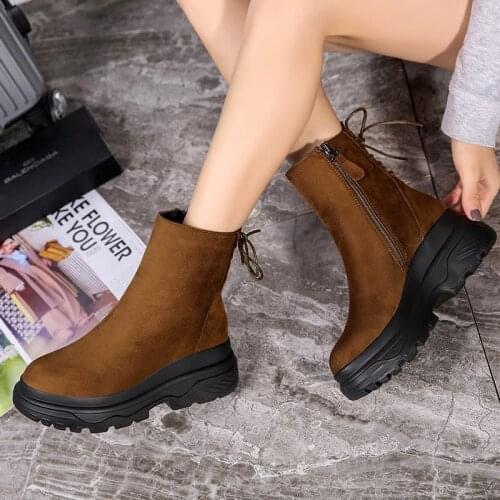 Winter Warm Women Boots Thick Chunky Heel Faux Suede Fluffy Fur Lining Platform Height Increasing Non Slip Casual Ladies Shoes