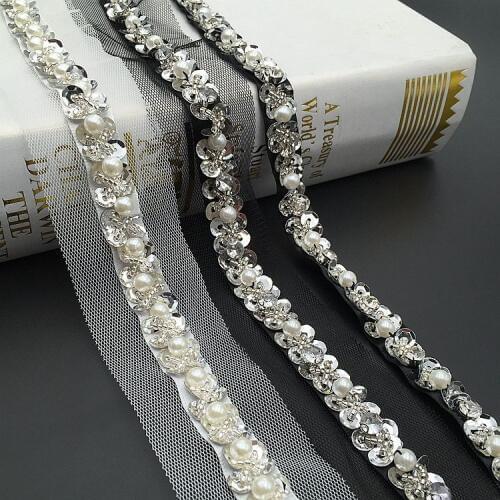 2Yards Handmade White Beading Pearl Sequined Lace Beaded Ribbons Costumes Wedding Decoration Diy Crafts Accessories Paillette
