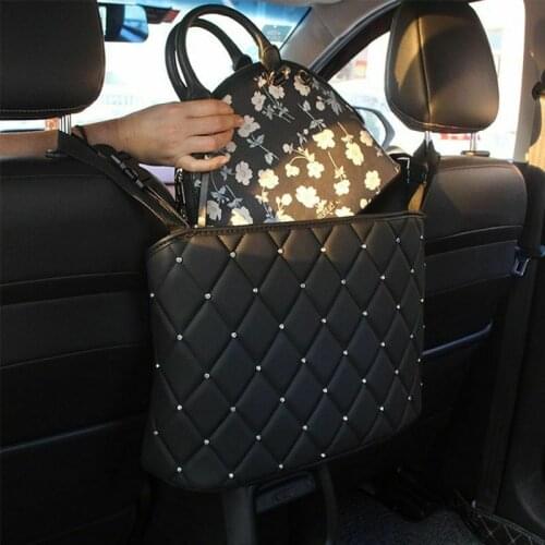 Multi-Pockets Car Seat Storage Bag Crystal PU Leather Car Container Stowing Tidying Net Hanging Backseat Holder Car Interior