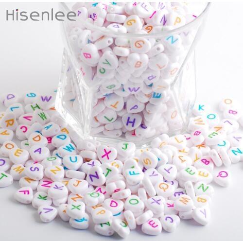 Hisenlee 4x11mm Color fonts 100Pcs Acrylic white Heart shape Random packing English alphabet DIY bracelet made of beads/Gift
