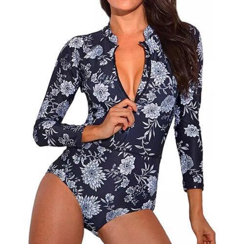 Women One Piece Swimsuit Floral Print Long Sleeves Rush Guard Zipper Front Surfing Diving Swimwear Female Bathing Suit Beachwear