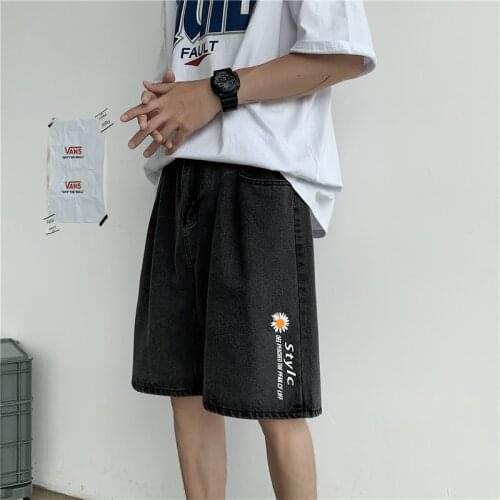 2021 summer denim shorts mens trendy straight baggy pants casual versatile handsome five point pants streetwear gym