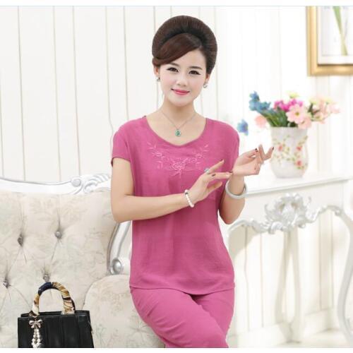 Hot sale summer new cheap fashion embroidery ladys blouse suit with pants