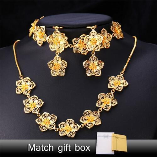 Kpop Flowers Set Earring Necklace Bracelet Wedding Gift Gold/Silver Color Vintage Chain Jewelry Sets For Women S207