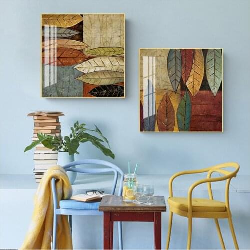 Square Wall Art Picture For Living Room HD Abstract Colorful Leaves Canvas Painting Retro Green Plant Print Fashion Decor