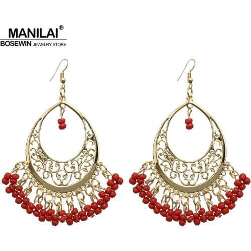 MANILAI Bohemia Drop Earrings For Women Statement Jewelry Beads Tassels Big Dangle Earrings Ethnic Brincos 3 Colors