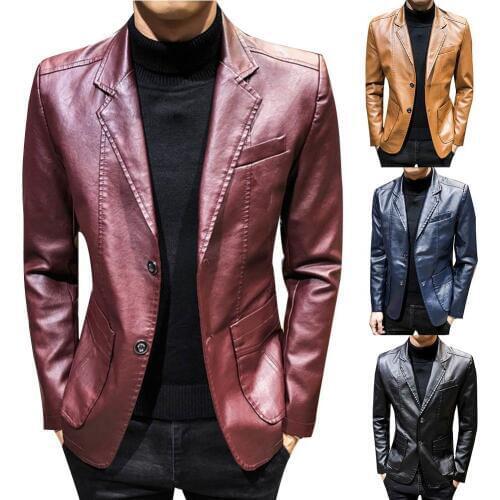 Autumn Winter Coats Jackets Men Solid Color Faux Leather Suit Jacket Long Sleeve Lapel Blazer Mens Jackets and Coats
