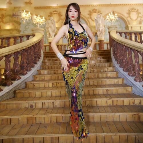 New Women Dance Wear Multicolor Squama Over-Skirt Sequins Hip Scarf Scaly Belly Dance Costume Set 2 Pieces Bra and Skirt