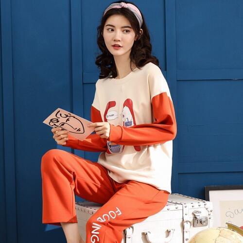 Women 2019 spring cotton cartoon new ladies autumn and winter long sleeve pants Korean large size women pajama sets pajama set