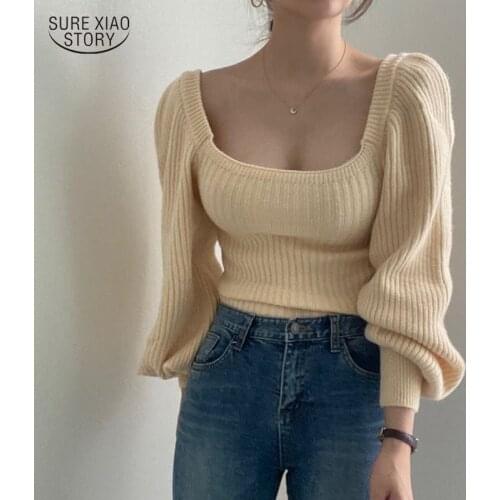 Solid Knitted Warm Top Womens Long-sleeved Loose Sweater Women Retro Temperament Square Neck Puff Sleeve Womens Sweater 16141