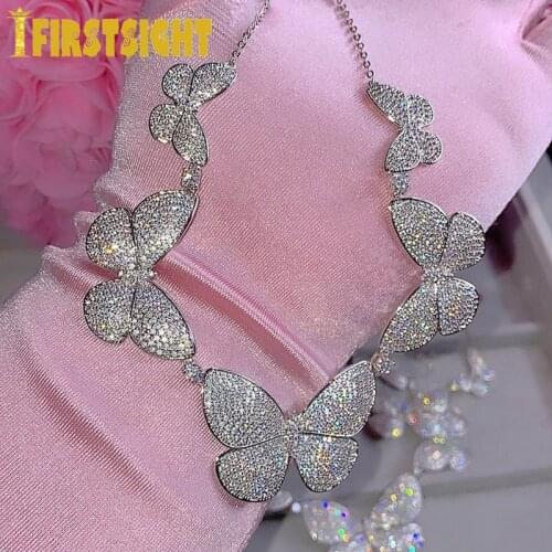 New Gold Silver Iced Out Micro Paved CZ Animal Choker Sparking CZ Butterfly Pendant Necklace Hip Hop Jewelry For Men Women Gifts