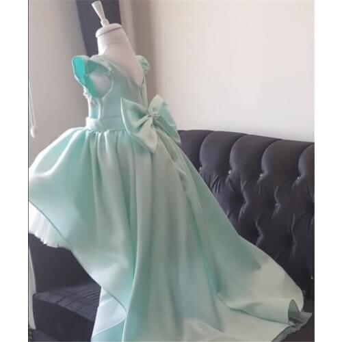 Long Train Baby Toddler Mint Green Dresses Flower Girls Dresses Cap Sleeve Lace Applique Flower Girls Dress High Low Girl Dress