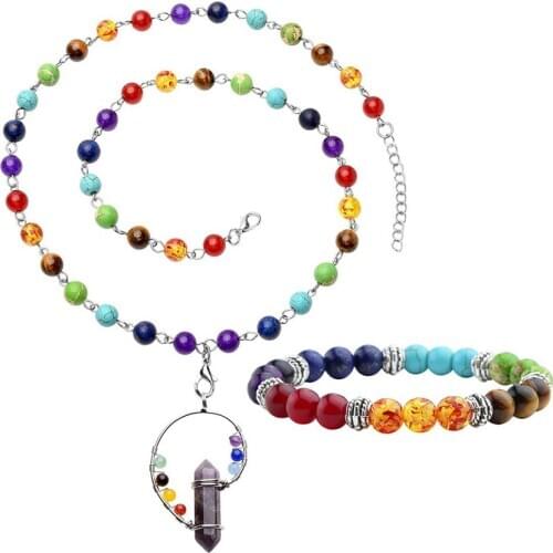 Silver Plated Wire Wrap Hexagon Column Amethysts Stone Pendant Long Beads Chain Necklace Bracelet Healing Chakra Jewelry Sets