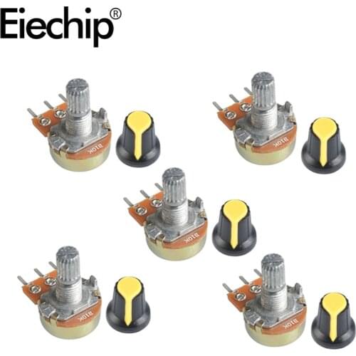 5pcs/lot WH148 Kit Carbon Film Potentiometer 15mm 3pin B1K 2K 5K 10K 20K 50K 100K 250K 500K 1M Rotary Switch Knob Cap yellow