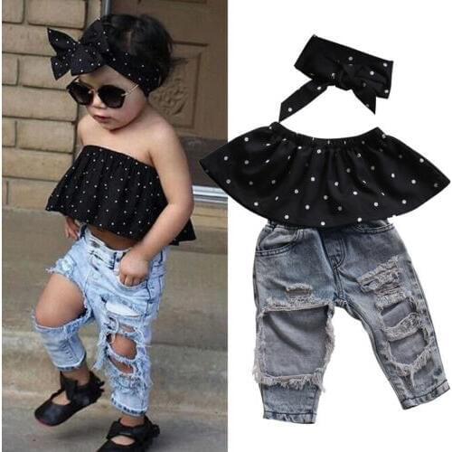 Pudcoco Fashion 0-3 Years Newborn Baby Girls Clothes Suit Dot Wrapped Chest + Bog Hole Denim Pants + Headband 3pcs Outfit Set