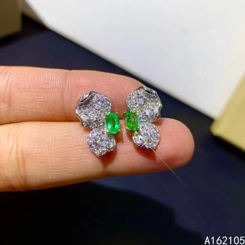 Fine jewelry 925 pure silver Chinese style natural emerald girl luxury classic butterfly gem earrings ear stud support detection
